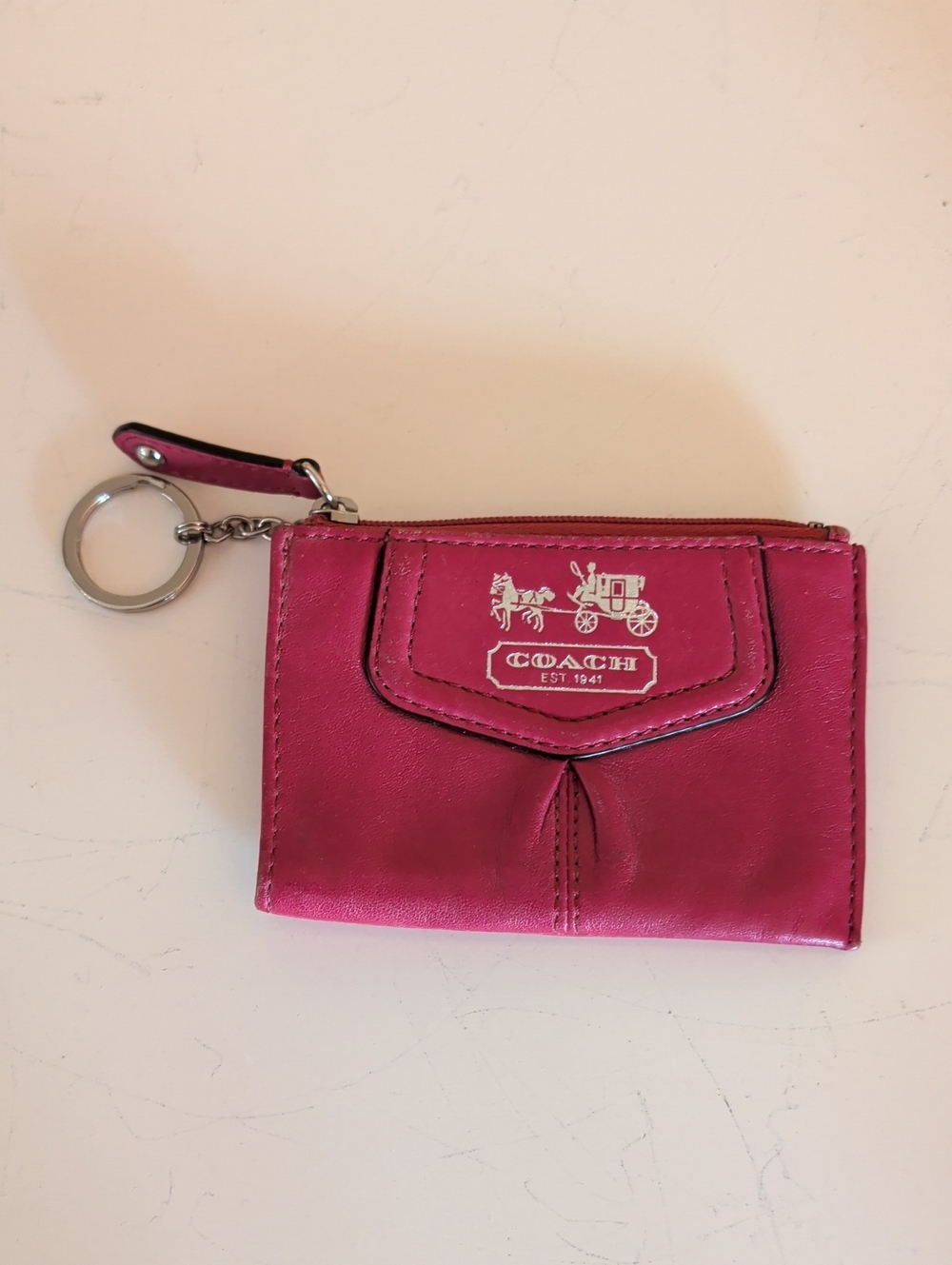 Coach Fuchsia Leather Key Card Wallet with Key Ring.